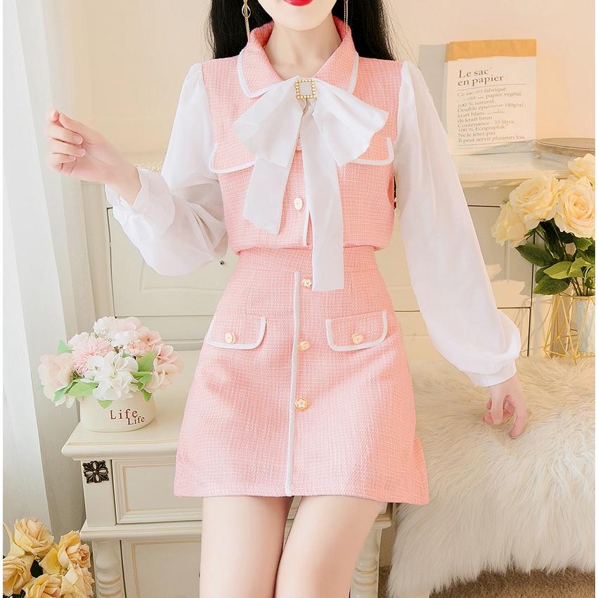 セットアップ レディース ツイード ツーピース トップス スカート 長袖 ミニ丈 ピンク ブルー リボンタイ フェミニン かわいい 通学 お出かけ 女子会 デート 秋 Tp T1010 Prairie East ヤフー店 通販 Yahoo ショッピング