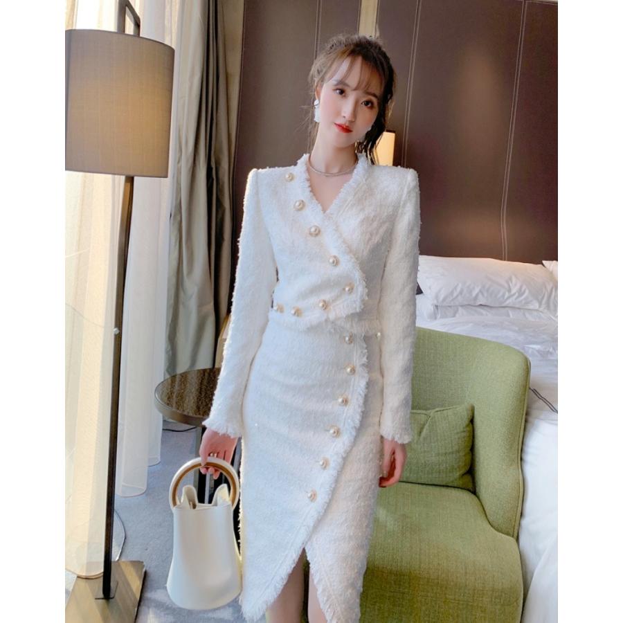 セットアップ レディース ファッション ツイード ツーピース ジャケット スカート ホワイト タイト フェミニン ドレッシー お出かけ 女子会 パーティー 秋冬 日本最大のブランド