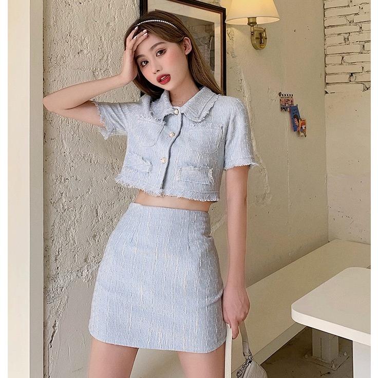 セットアップ レディース ファッション 夏 ツイード トップス スカート 半袖 ショート丈 ミニ丈 ブルー 爽やか カジュアル お出かけ 女子会 デート Tp T19 Prairie East ヤフー店 通販 Yahoo ショッピング