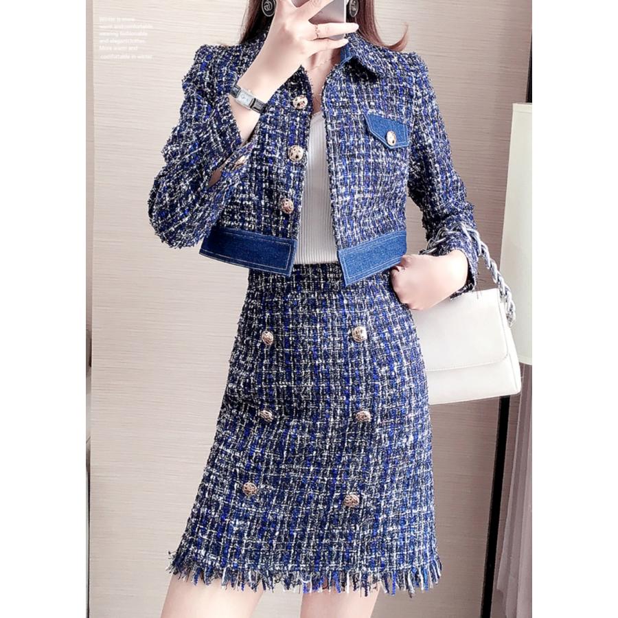 人気新品入荷 セットアップ レディース 華やか フリンジ スカート ジャケット ブルー ツイード 代30代40代50代 秋 春 セットアップ サイズ Xl Demolition Training