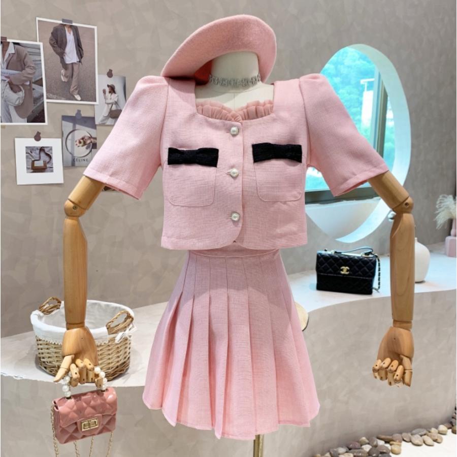 セットアップ レディース 春 夏 代30代40代50代 ツイード ピンク グリーン ホワイト ジャケット スカート プリーツ リボン かわいい 偉大な