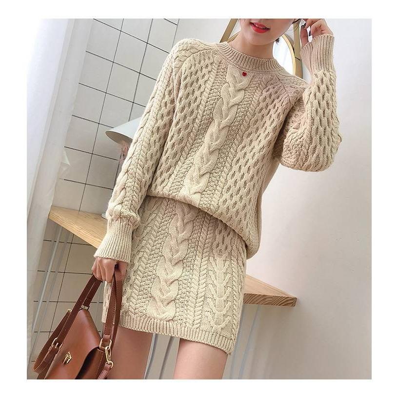 高級素材使用ブランド レディース セットアップ 秋冬 クルーネック 長袖 ハイウエストトップス ミニスカート ケーブルニット スカート ニット セット売り ツーピース セットアップ セットアップ サイズ L Cienciadigitaleditorial Com