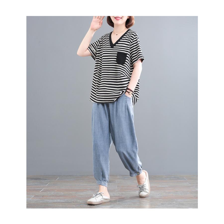 セットアップ レディース 夏 トップス 半袖 Vネック ボーダー パンツ 七分裾 デニム ラフ カジュアル シンプル 大人 アウトドア 人気ショップ