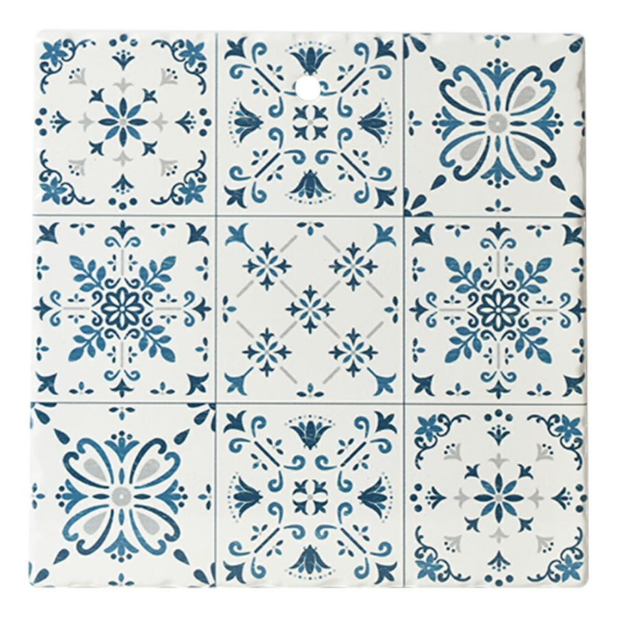 ヴィンテージ　装飾的な鉄製鍋 花模様タイル付き セラミック鍋敷き タイルコラージュ 20x20cm K-10447TC 4582451302354