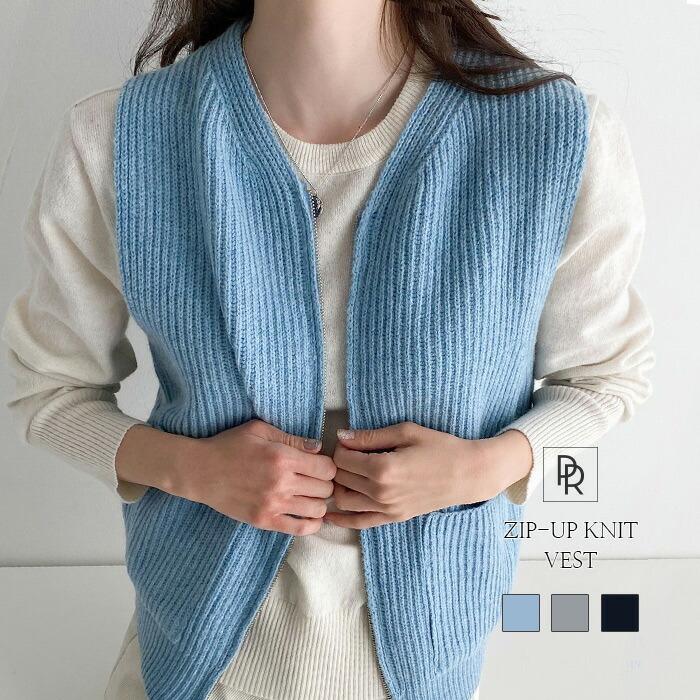 ニットベスト レディース 前開き 秋冬 人気 ノースリーブ トップス 無地 シンプル ポケット付き リブ ジップ ファスナー 重ね着 レイヤード 大人 可愛い グレー P7279 Prau プラウ ヤフーショッピング店 通販 Yahoo ショッピング