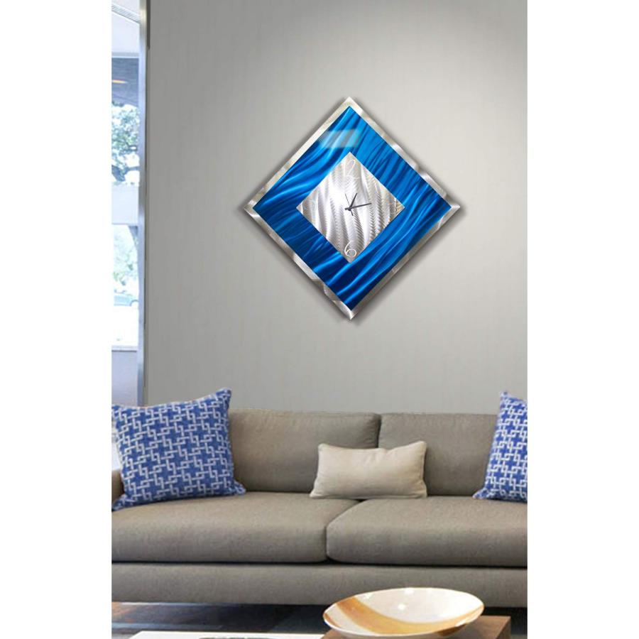 値段通販 Statements2000 Square Blue ＆ Silver Abstract Metal Wall Clock - Metallic Functional Metal Wall Art Accent Time-Keeper - Blue Ice by Jon Allen - 24 in