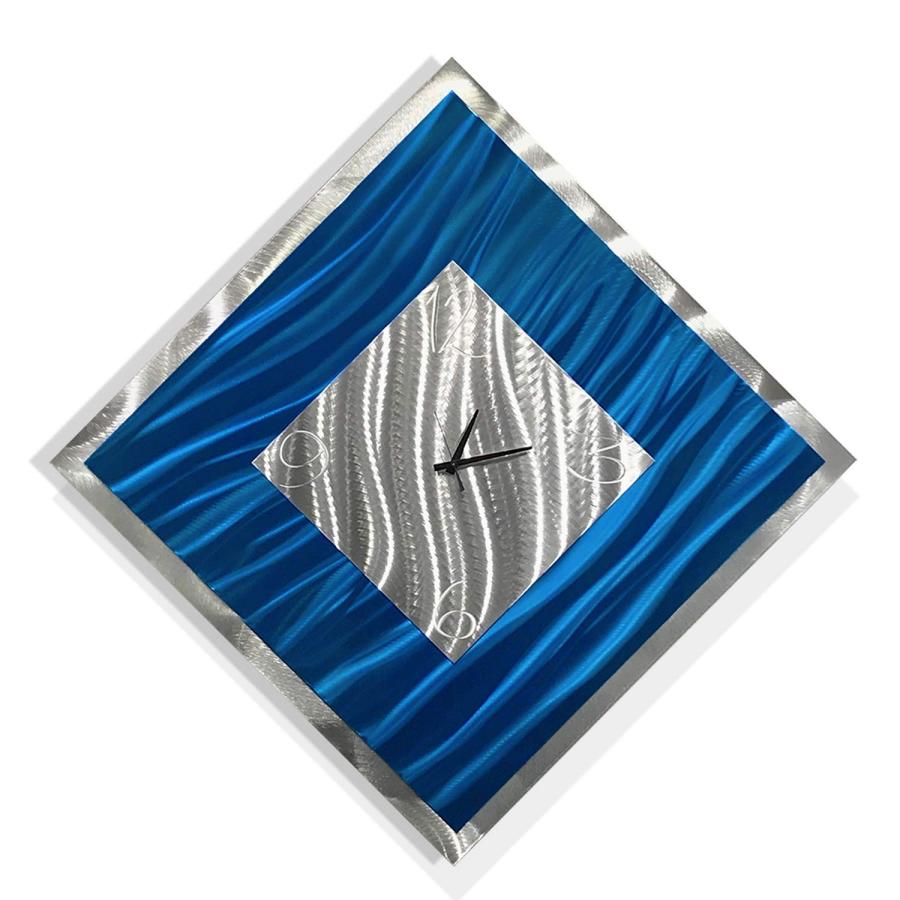 値段通販 Statements2000 Square Blue ＆ Silver Abstract Metal Wall Clock - Metallic Functional Metal Wall Art Accent Time-Keeper - Blue Ice by Jon Allen - 24 in