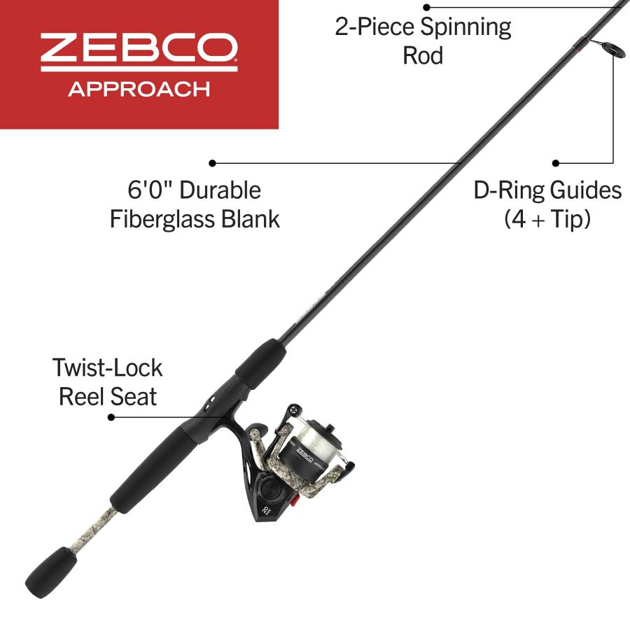 早期割引送料無料 Zebco Approach スピニングリールと釣り竿コンボ 6フィート 2ピース ファイバーグラス釣りポール スプリットグリップ EVAロッドハンドル サイズ20リール アルミ