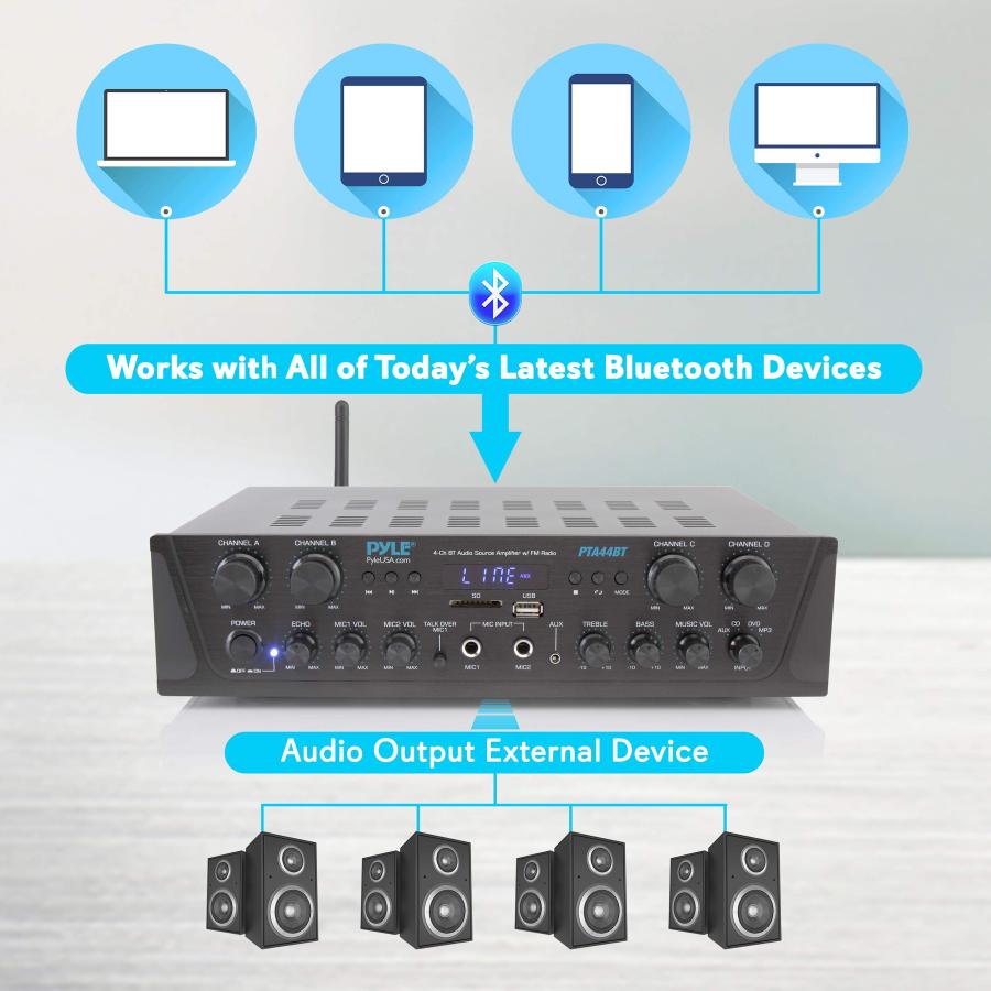 ショッピングオンライン Pyle 500W Karaoke Wireless Bluetooth Amplifier - 4 Channel Stereo Audio Home Theater Speaker Sound Power Receiver w/AUX in， FM， RCA Subwoofer Speakers