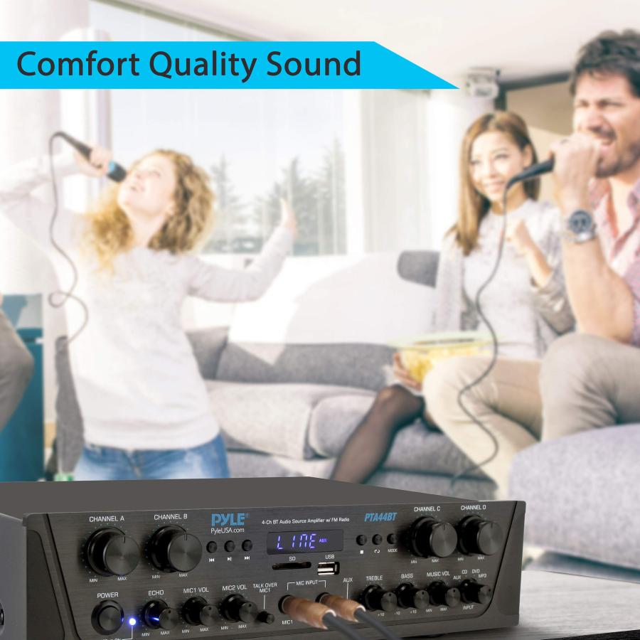 ショッピングオンライン Pyle 500W Karaoke Wireless Bluetooth Amplifier - 4 Channel Stereo Audio Home Theater Speaker Sound Power Receiver w/AUX in， FM， RCA Subwoofer Speakers