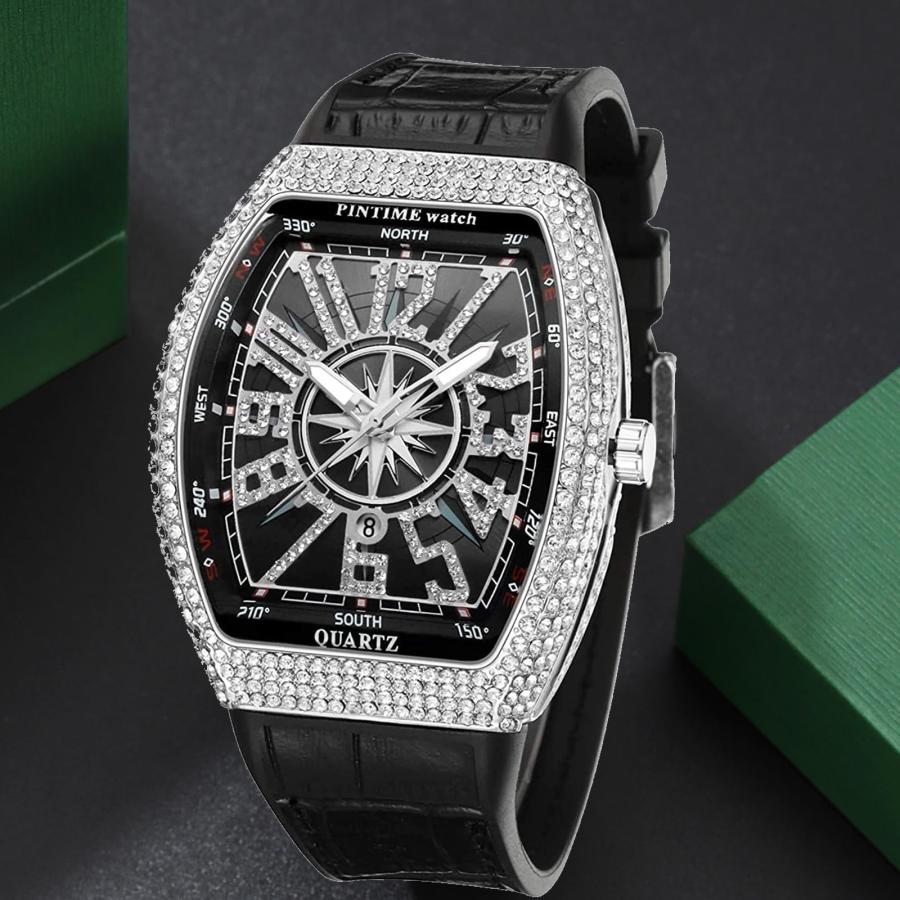 免許証所持 FANMIS Mens Skull Big Face Watches Rectangle Punk Diamond Dial Leather Strap Calendar Quartz Sports Wrist Watch Silver Black