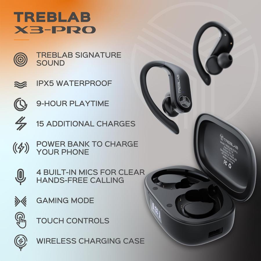 新品／翌日出荷 TREBLAB X3-Pro - Wireless Earbuds with Earhooks - 145H Playtime， IPX5 Waterproof Earphones for Running ＆ Workout - Sport Bluetooth Headphones with Ch