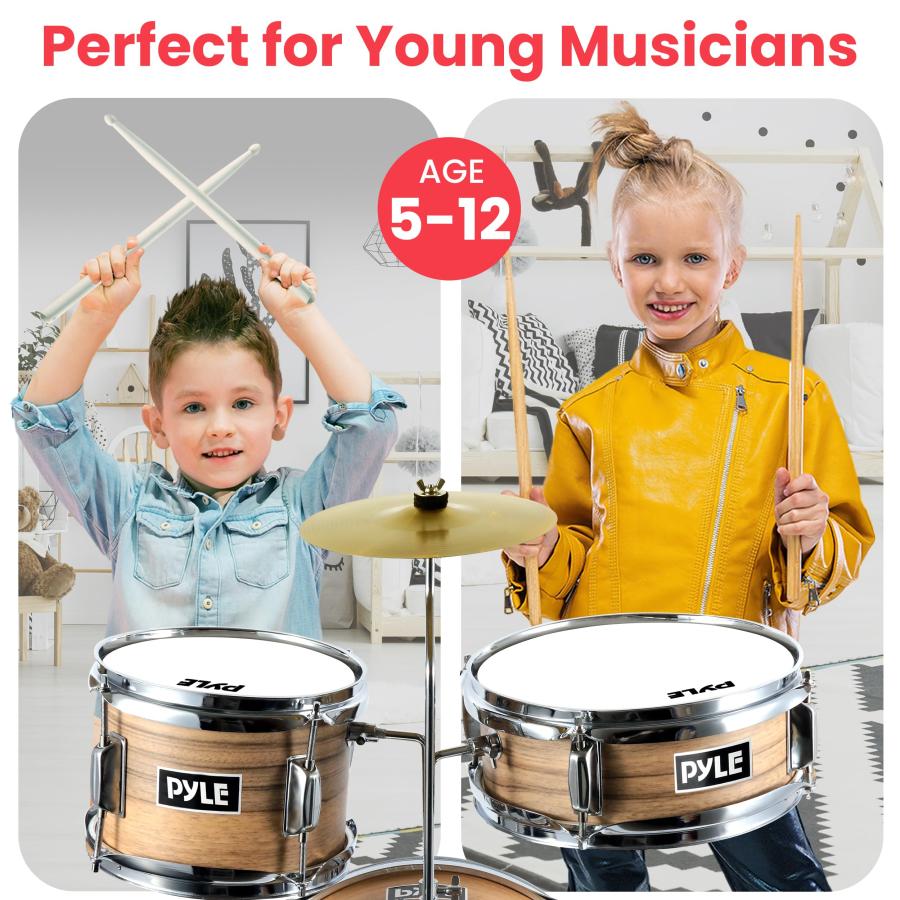 正式的 Pyle Kids Drum Set， 3 Piece Beginner Junior Drummer Kit with Cymbal， Adjustable Throne， Mute Pads， Drumsticks Natural (PDRMKIT72N)