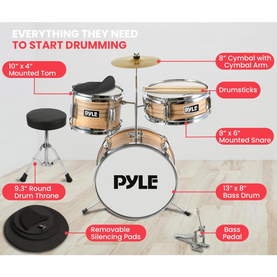正式的 Pyle Kids Drum Set， 3 Piece Beginner Junior Drummer Kit with Cymbal， Adjustable Throne， Mute Pads， Drumsticks Natural (PDRMKIT72N)