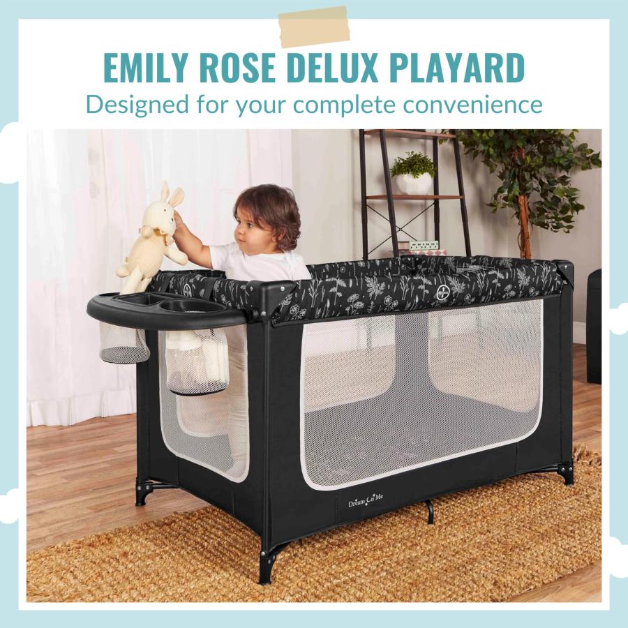 セール超特価 Dream On Me Emily Rose Deluxe Playard in Black and White with Infant Bassinet and Changing Tray， Lightweight Portable and Convertible Playard for Baby