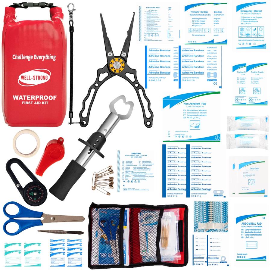WELLSTRONG 118pcs Waterproof Fishing First Aid Kit with Fish Lip Gripper, Fishing Pliers for