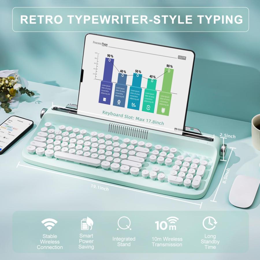 特別セーフ YUNZII ACTTO B503 Wireless Typewriter Keyboard， Retro Bluetooth Aesthetic Keyboard with Integrated Stand for Multi-Device B503， Sweet Mint