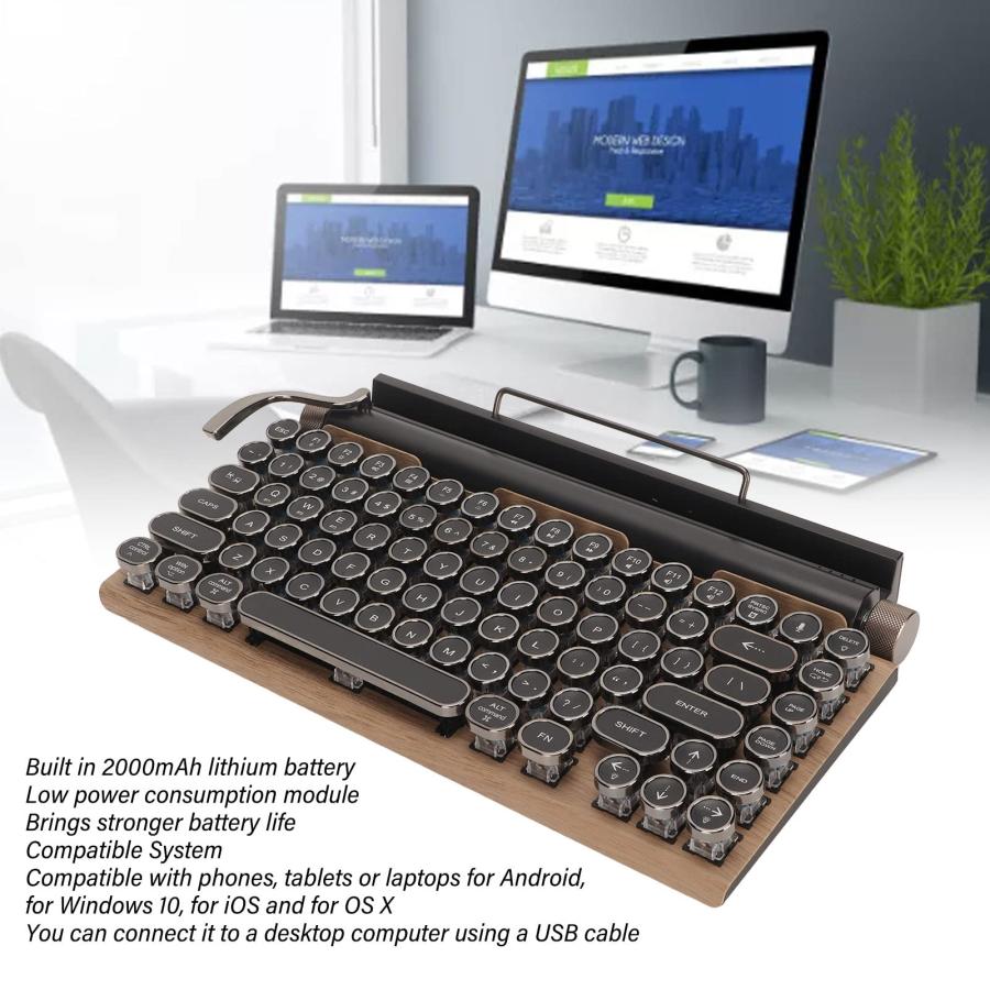 リアルなボドゲに Retro Typewriter Keyboard， 83 Keys Vintage Wireless Bluetooth Mechanical Keyboard with LED RGB Backlit， Blue Switch Gaming Keyboards for Desktop PC， L