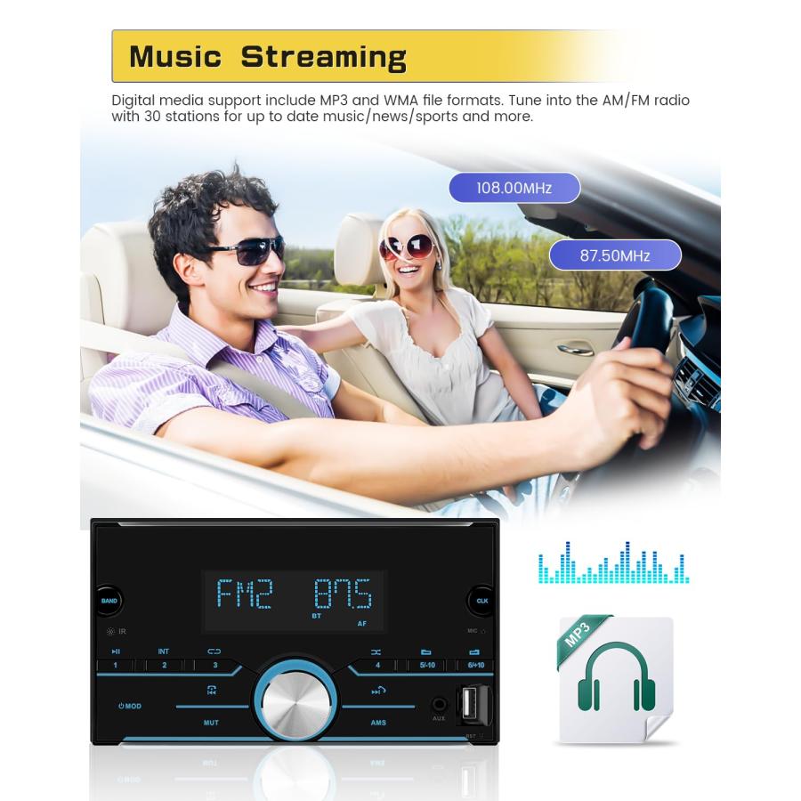 生まれのブランドで Roinvou Double DIN Bluetooth Car Stereo Digital Media Receiver with USB/TF Port， AM/FM Radio， AUX-in， MP3 Player， Multi Color Illumination， Remote Con