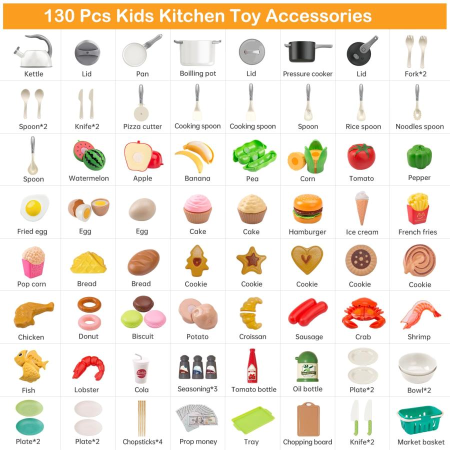 大人も着やすいシンプルファッション Funpynani 130Pcs Kitchen Playset， Toddler Pretend Cooking Play Pots， Pans， Utensils Cookware， Daily Food Fruit Veges， Shopping Storage Basket， Dessert