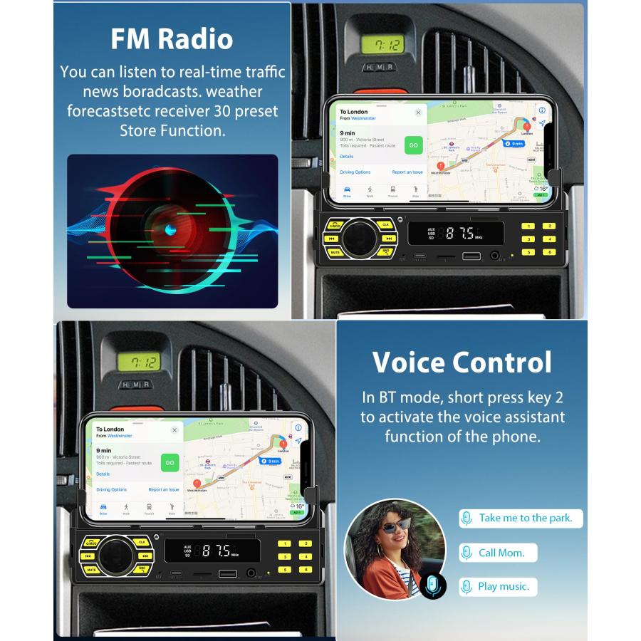 買物代行 1 Din Car Stereo with Bluetooth Rimoody Single Din Car Radio with APP Control Car MP3 Player Hands-Free Calls/USB/FM/TF/AUX-in/Voice Control， Car Radi