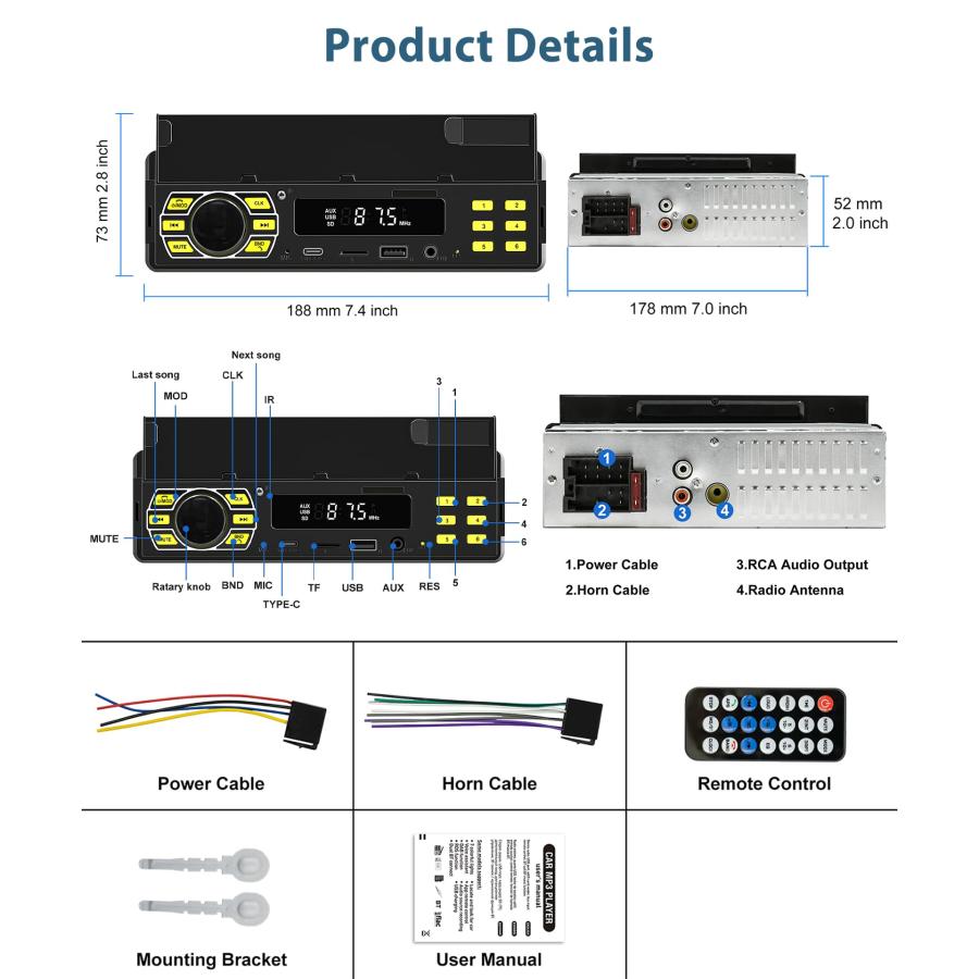 買物代行 1 Din Car Stereo with Bluetooth Rimoody Single Din Car Radio with APP Control Car MP3 Player Hands-Free Calls/USB/FM/TF/AUX-in/Voice Control， Car Radi