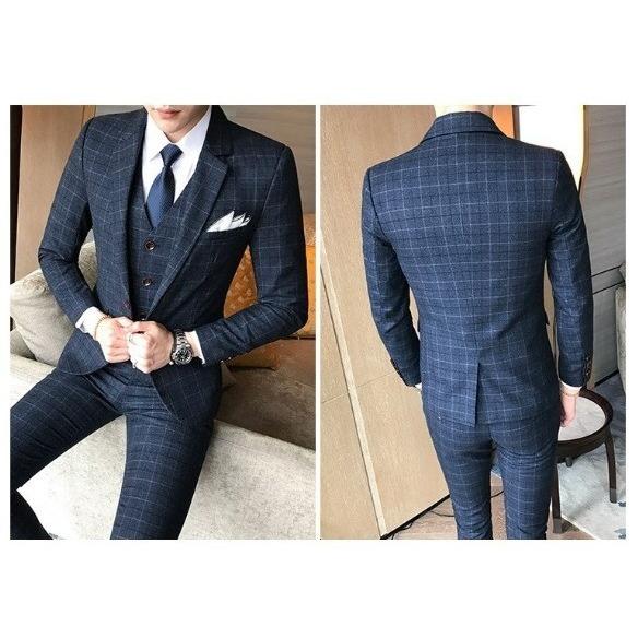 メンズ スーツ ネイビー スリーピース シングル チェック柄 タイト スリム テーラード セットアップ シングルスーツ ビジネス 結婚式 Ky Pre Style 通販 Yahoo ショッピング