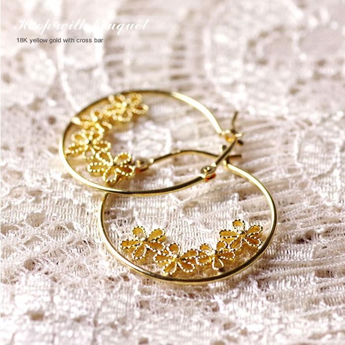 K18YG フープピアス 花 フラワー 地金ピアス クロスバーピアス