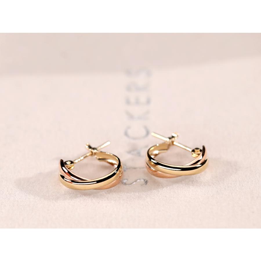 ピアス レディース フープピアス 幅広 細 太 k18 18k 18金 イエローゴールド ピンクゴールド バイカラーピアス  コンビカラー ミックスカラー キャッチレスの画像