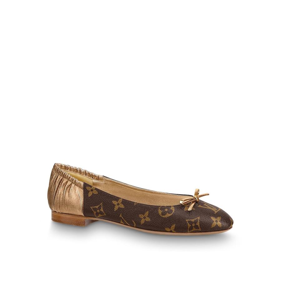 最適な価格 ルイヴィトン Louis Vuitton バレエシューズ バレリーナ シューズ 靴 バレリーナ モノグラム ブラウン ゴールド メタリック レザー 正規激安 Cepici Gouv Ci