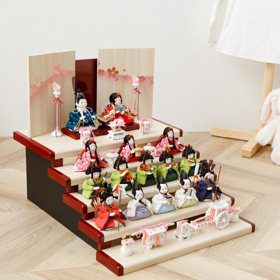 雛人形 おしゃれ インテリア コンパクト かわいい ぷりふあ 衣 Wood style 金彩寿桜 十五人飾り 段飾り ミニ ひな人形 | ぷりふあ | 06