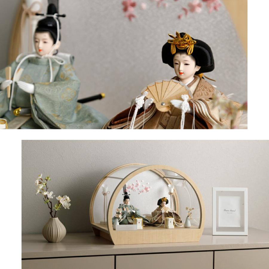 雛人形 コンパクト おしゃれ 親王飾り 高級 PREFER CLASSIC ひな人形 丸型ケース飾り お道具付 貝桶 油灯 枝桜白 人形極々小 選べる綿織物衣裳2種類 楚那 梨未 | ぷりふあ | 02