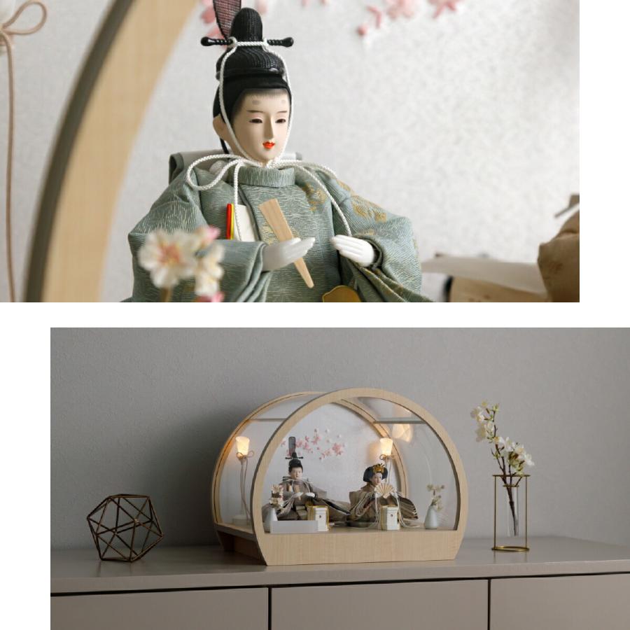 雛人形 コンパクト おしゃれ 親王飾り 高級 PREFER CLASSIC ひな人形 丸型ケース飾り お道具付 貝桶 油灯 枝桜白 人形極々小 選べる綿織物衣裳2種類 楚那 梨未 | ぷりふあ | 04