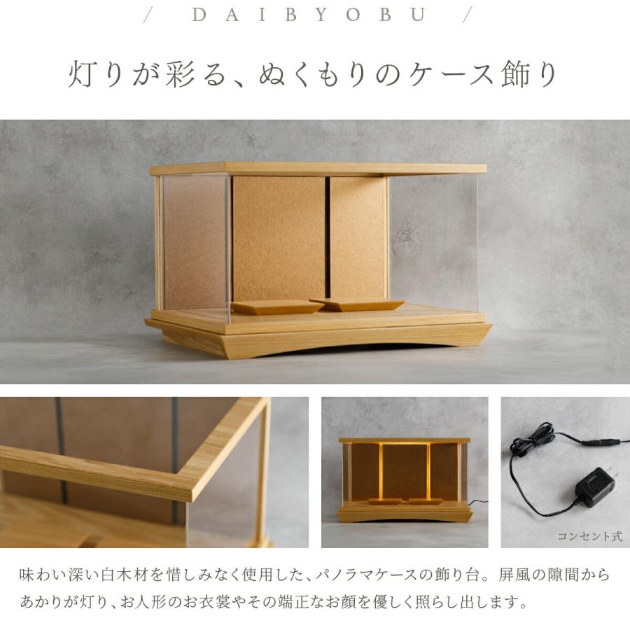 雛人形 コンパクト 親王飾り 高級 雛 PREFER CLASSIC ひな人形 点灯白木パノラマケース飾り お道具付 貝桶 白梅 人形極々小 選べる綿織物衣裳2種類 楚那 梨未_8