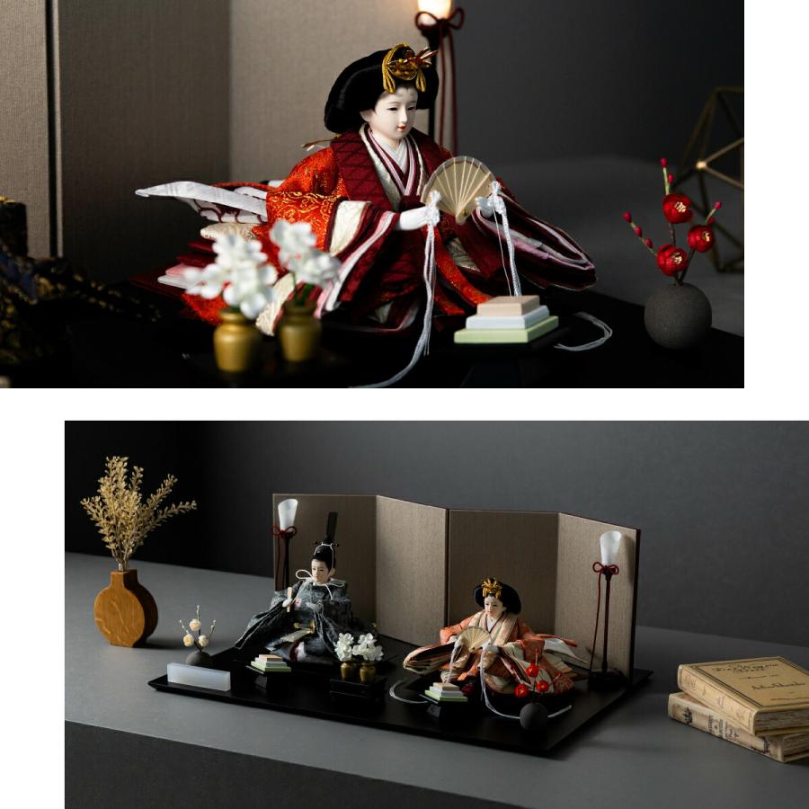 雛人形 おしゃれ 親王飾り 高級 PREFER CLASSIC ひな人形 黒塗台 ベージュ屏風 平飾り お道具付 菱餅三方 油灯 紅白梅 人形極小 選べる人絹衣裳2種類 玖恩 紺紅 | ぷりふあ | 02