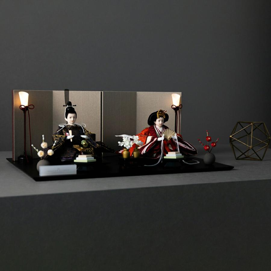 雛人形 おしゃれ 親王飾り 高級 PREFER CLASSIC ひな人形 黒塗台 ベージュ屏風 平飾り お道具付 菱餅三方 油灯 紅白梅 人形極小 選べる人絹衣裳2種類 玖恩 紺紅 | ぷりふあ | 03
