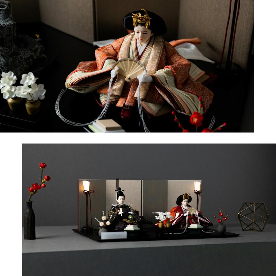 雛人形 おしゃれ 親王飾り 高級 PREFER CLASSIC ひな人形 黒塗台 ベージュ屏風 平飾り お道具付 菱餅三方 油灯 紅白梅 人形極小 選べる人絹衣裳2種類 玖恩 紺紅 | ぷりふあ | 04
