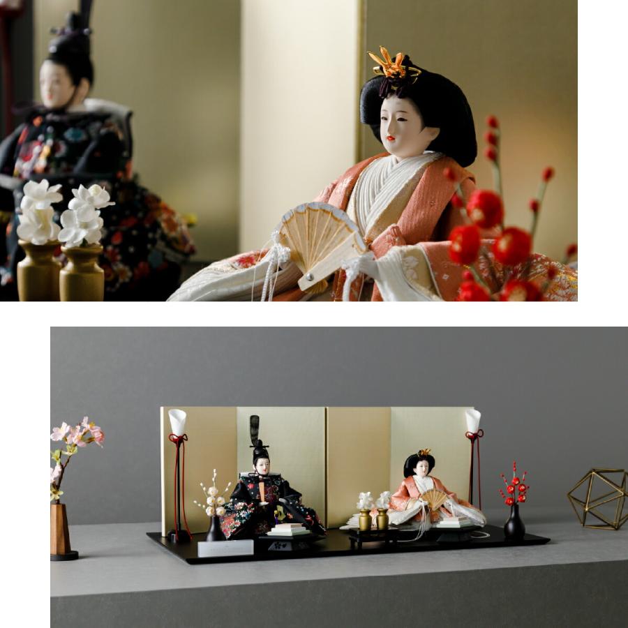 雛人形 おしゃれ モダン 親王飾り お雛様 雛 高級 PREFER CLASSIC ひな人形 黒塗台 金屏風 平飾り お道具付 紅白梅 菱餅三方 油灯 人形小 金襴衣裳 妃毬 | ぷりふあ | 02