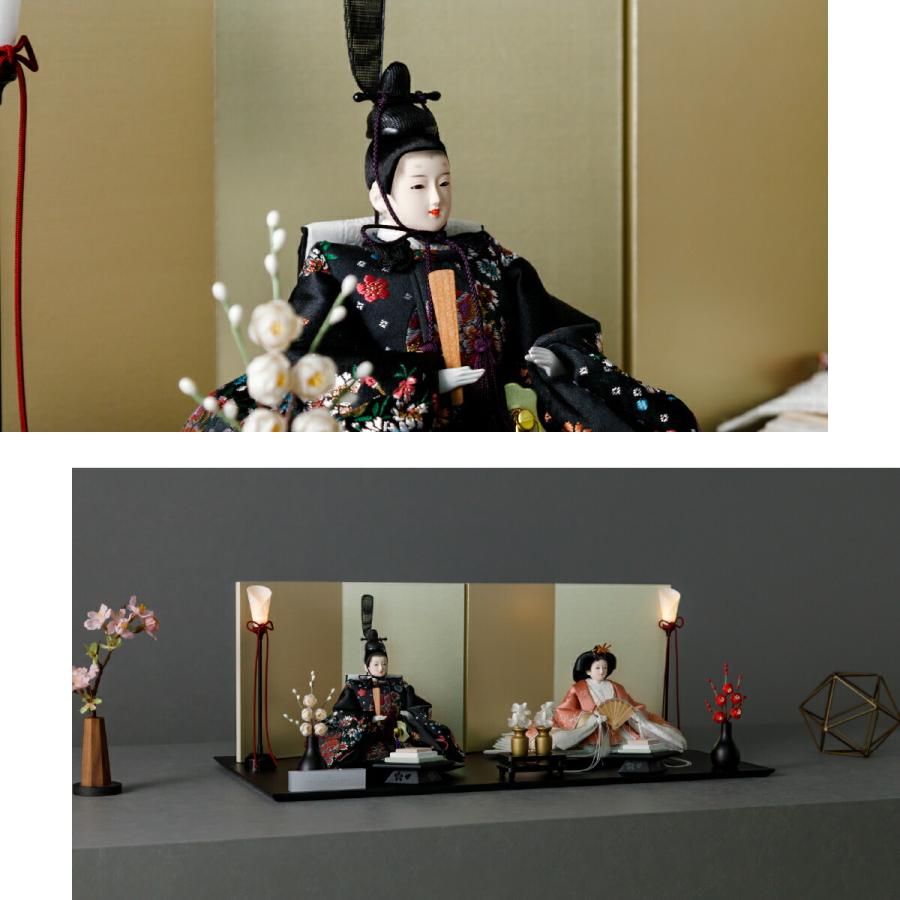 雛人形 おしゃれ モダン 親王飾り お雛様 雛 高級 PREFER CLASSIC ひな人形 黒塗台 金屏風 平飾り お道具付 紅白梅 菱餅三方 油灯 人形小 金襴衣裳 妃毬 | ぷりふあ | 04
