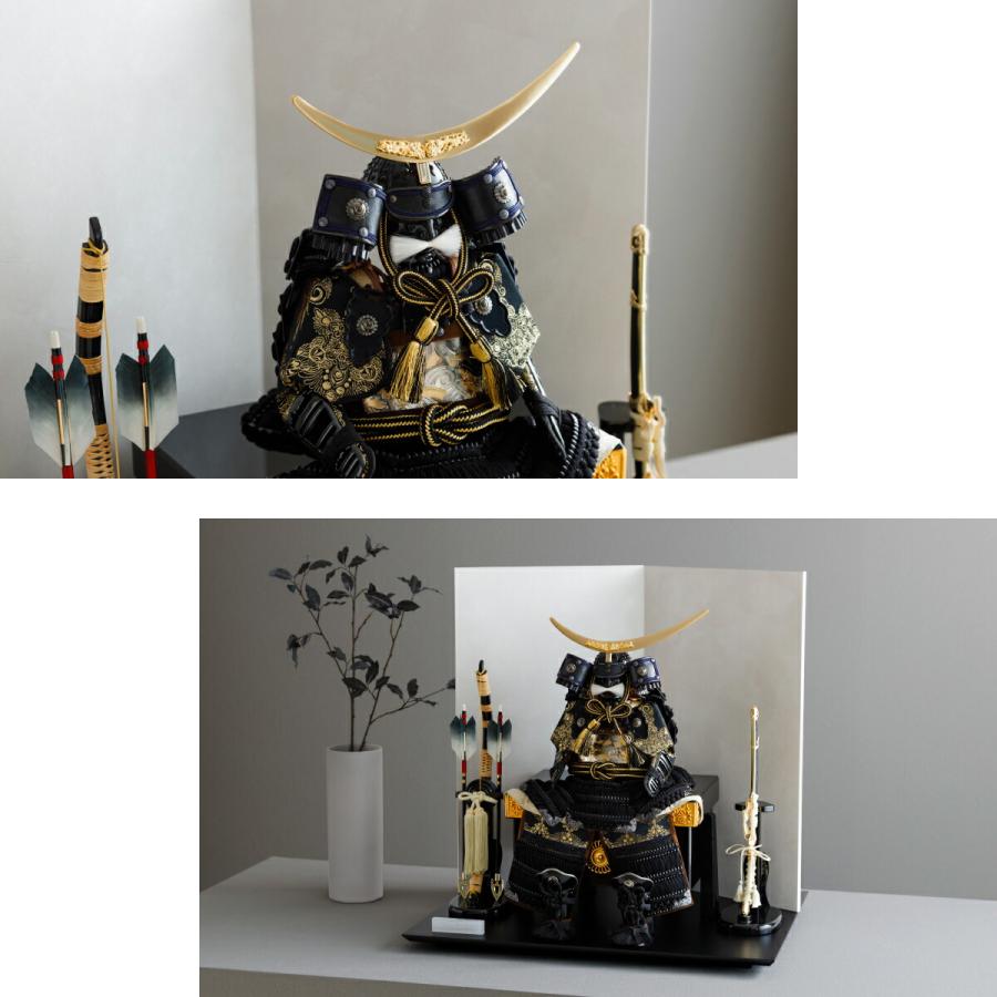 五月人形 おしゃれ 鎧飾り 鎧 モダン インテリア 高級 5月人形 兜 PREFER CLASSIC 五月人形 黒塗台 白屏風 平飾り 弓太刀 RIKI 5号鎧 伊達黒 | ブランド登録なし | 02