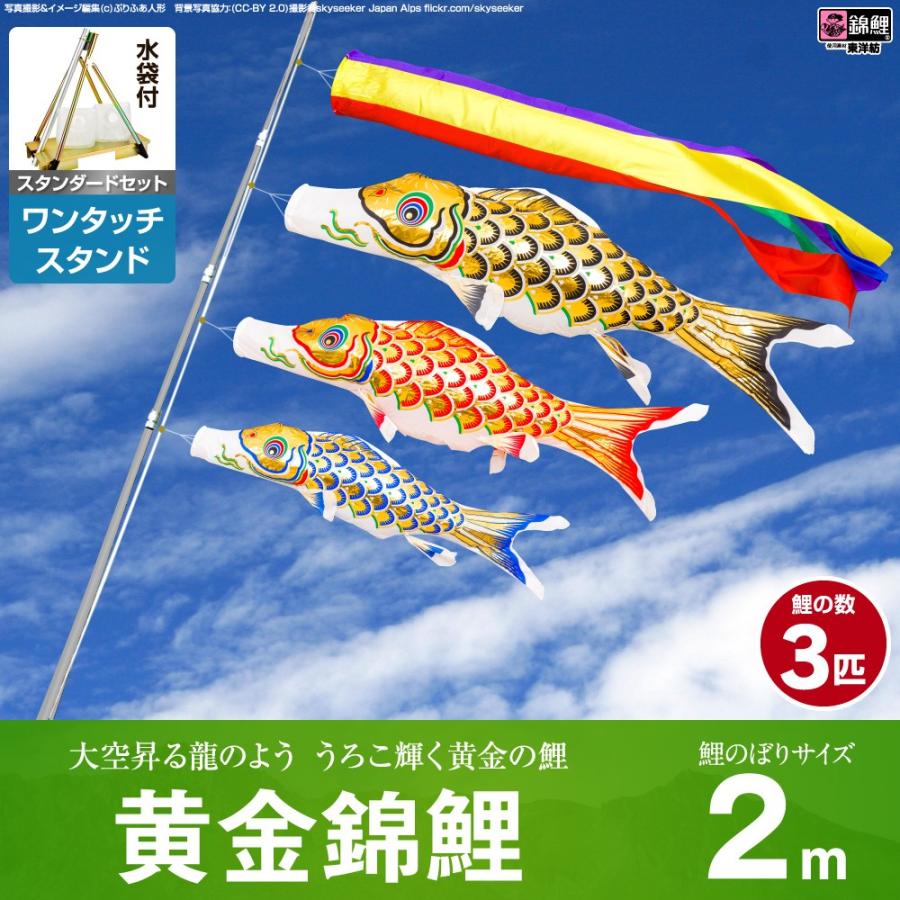 鯉のぼり ベランダ用 こいのぼり 錦鯉 黄金錦鯉 2m 6点セット ワンタッチスタンド付属 ベランダ スタンダードセット