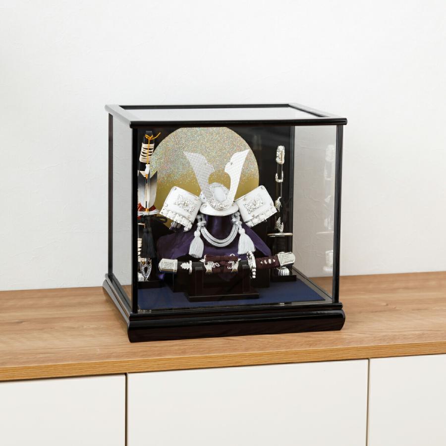 五月人形 ケース飾り 兜飾り コンパクト 5月人形 銀白兜 黒ケース