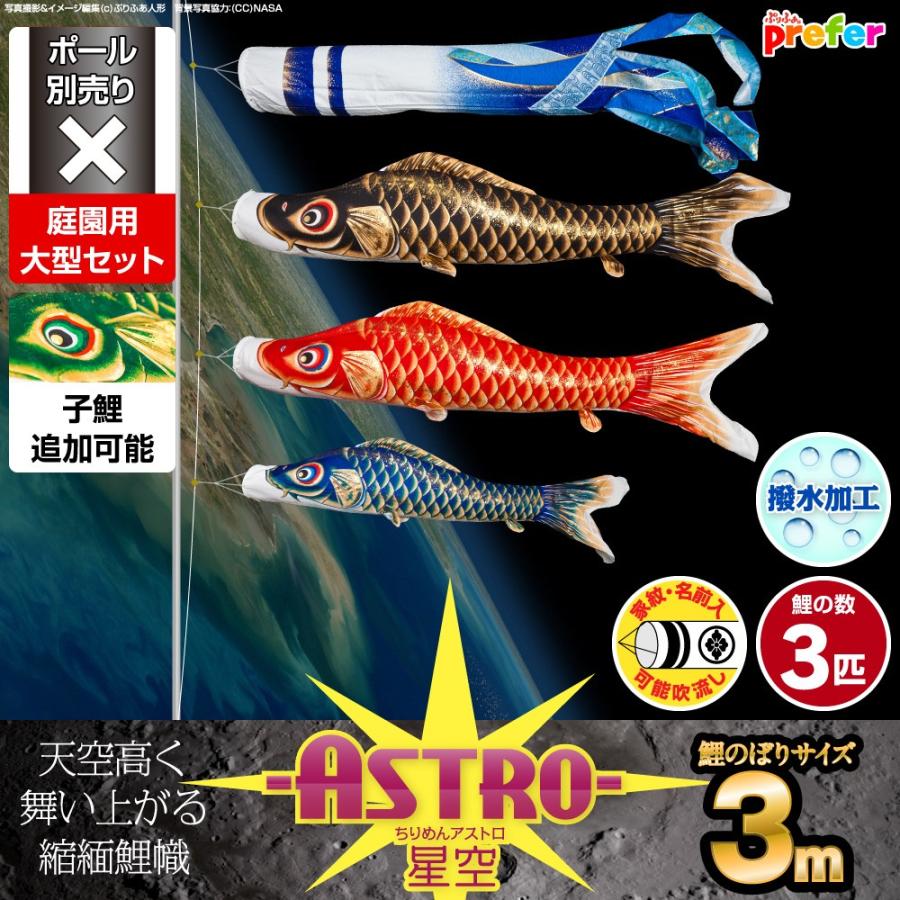 鯉のぼり 庭用 こいのぼり ASTRO ちりめん星空鯉 3m 6点セット 庭園 大型セット ポール 別売