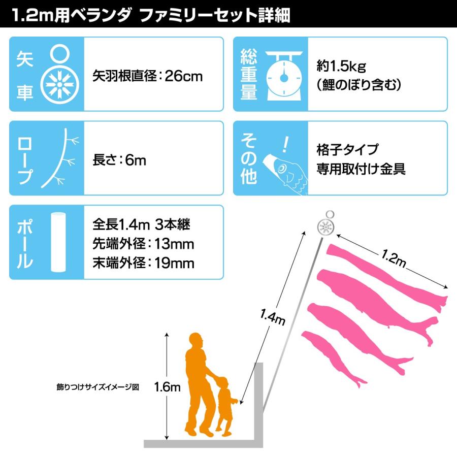 鯉のぼり ベランダ用 こいのぼり 友禅鯉 1.2m 6点セット 格子金具付属
