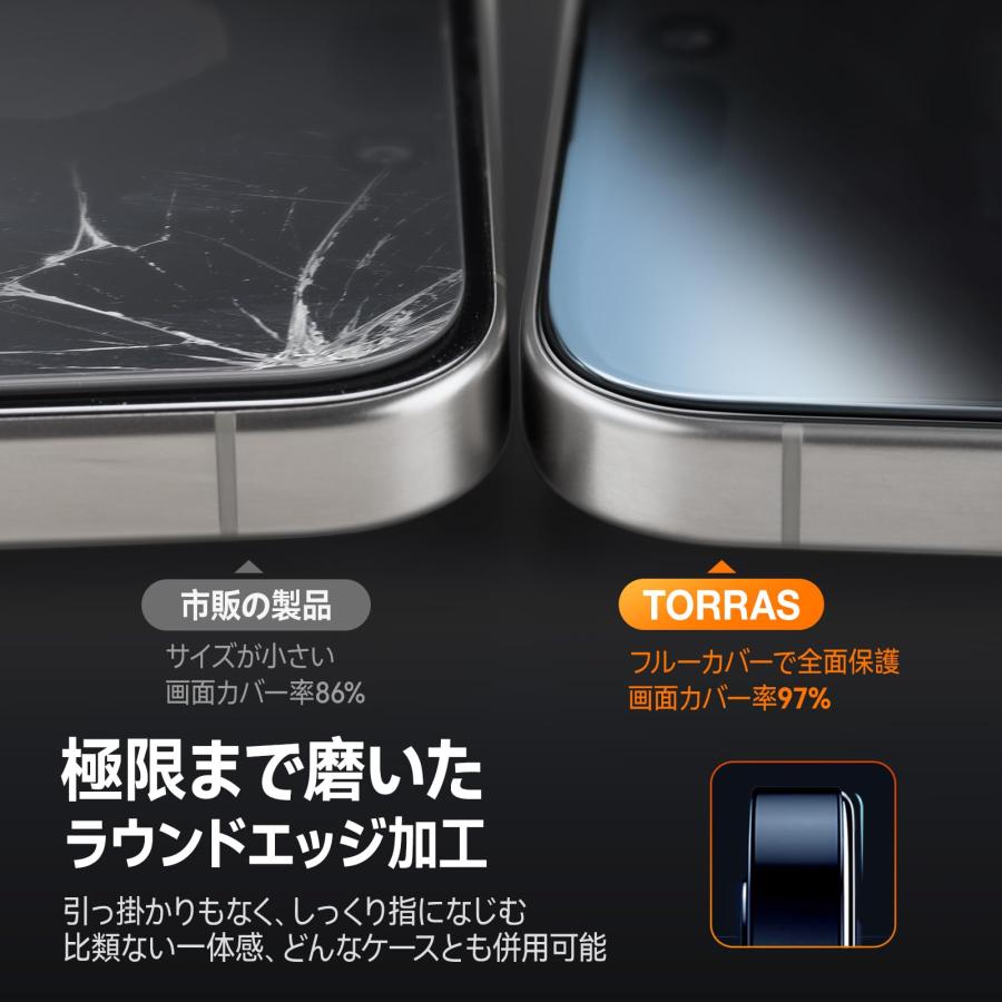 「指紋防止・指滑り超快適！」TORRAS iPhone15Pro 専用 ガラスフィルム 航空宇宙材料 米軍MIL規格 全面保護 強化極細黒縁 9H越｜preformhonten｜04