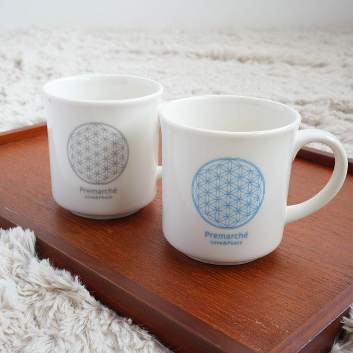 森修焼（しんしゅうやき） プレマルシェ フラワーオブライフ マグカップ　ギフトセット ロゴカラー：グレー×アイスブルー ＜ギフト梱包＞ | 