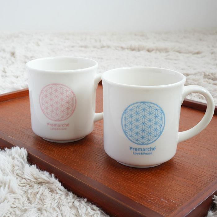 森修焼（しんしゅうやき） プレマルシェ フラワーオブライフ マグカップ　ギフトセット ロゴカラー：ピンク×アイスブルー ＜ギフト梱包＞ | 