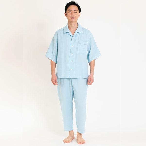 Liflance リフランス 綿麻ワッフルガーゼ半袖パジャマ メンズ 6分袖 8分丈 スカイブルー Xl 当店限定販売