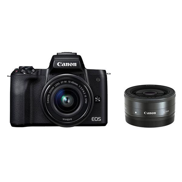 中古 １年保証 美品 Canon EOS Kiss M ダブルレンズキット 15-45mm IS STM + 22mm F2 STM ブラック｜premierecamera