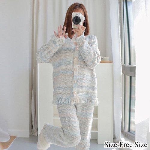 【グラシア】 ルームウェア モコモコ パジャマ 部屋着 パールボタン フリンジ ふんわり パール こなれ感 快適 柔らか ホワイト フリーサイズ GRAXIA（グラシア） ルームウェア レディース 冬 もこもこ 可愛い